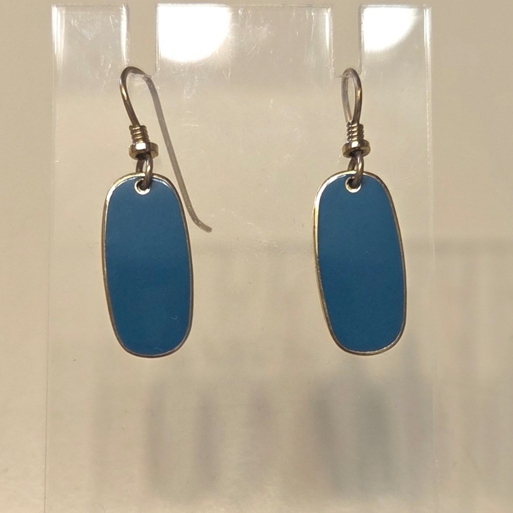 Vintage‎ LAUREL BURCH Signed Gold Tone Teal Blue Enamel Oval Dangle Earrings